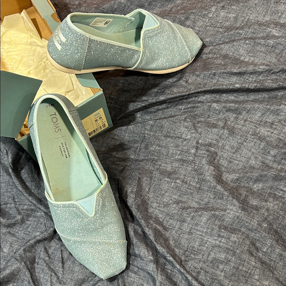 TOMS Glittery Light Blue Slip-one. Used a few times - lots of life left